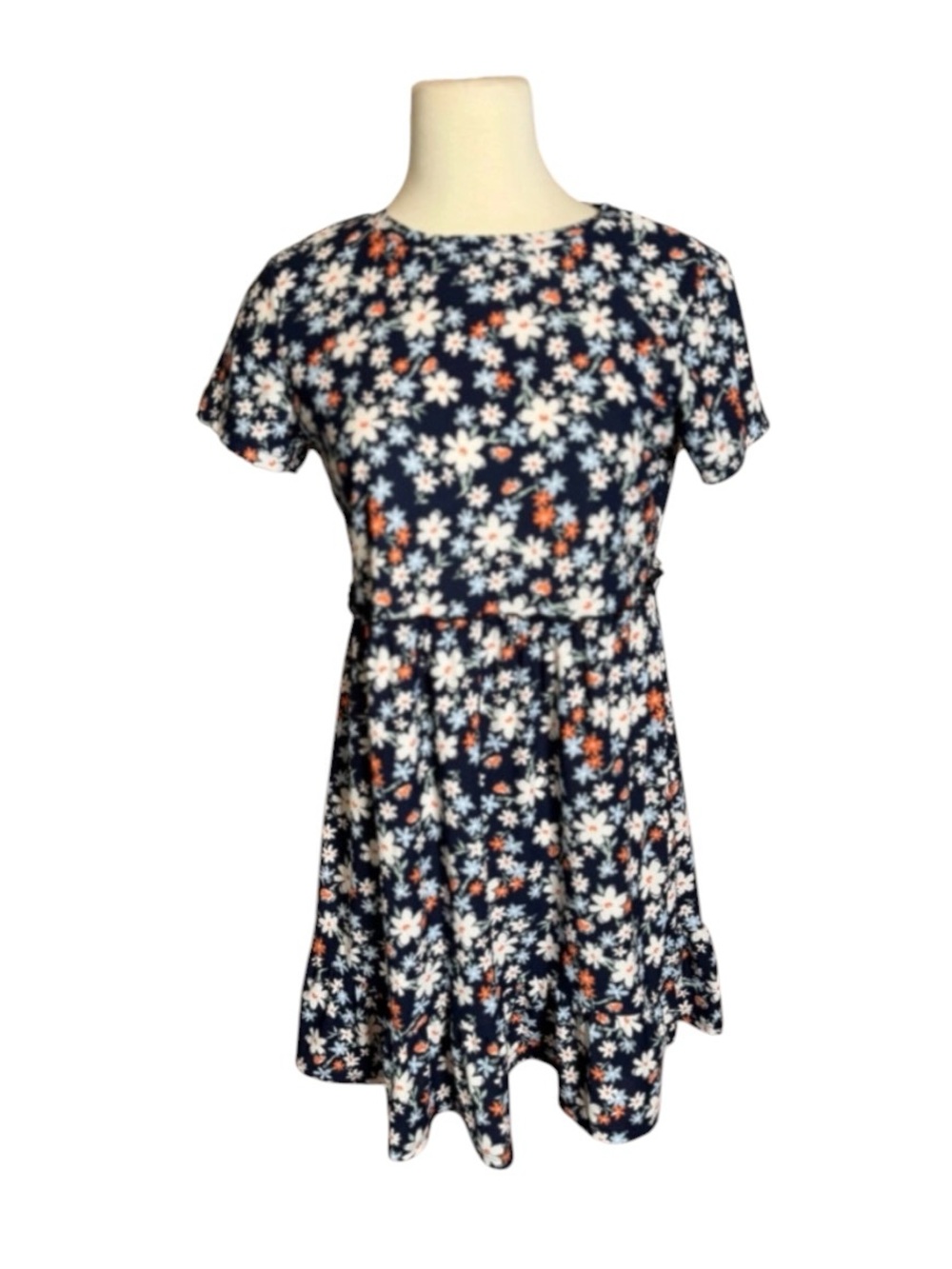 As U Wish Navy Floral Short Sleeve Casual Dress with White and Orange Flowers‎